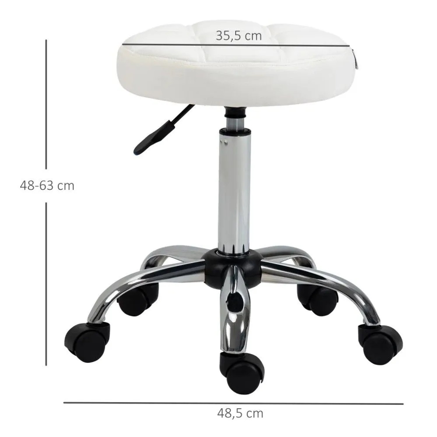 Weißer, runder, gepolsterter Vinsetto Arbeitshocker mit Rollen, höhenverstellbar, Chromgestell. Ø35,5 cm Sitzfläche.