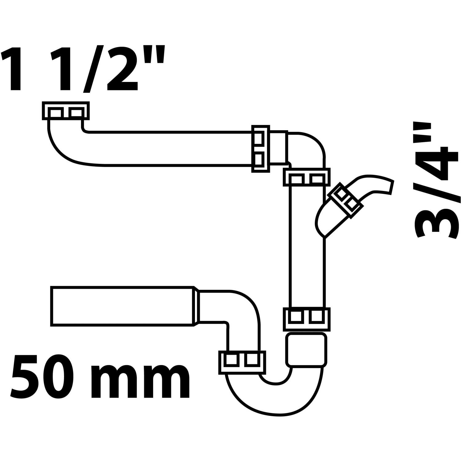 Skizze: Kirchhoff Raumspar Siphon für Küchenspüle mit Anschlüssen 1 1/2" und 3/4", 50mm Ablaufrohr.