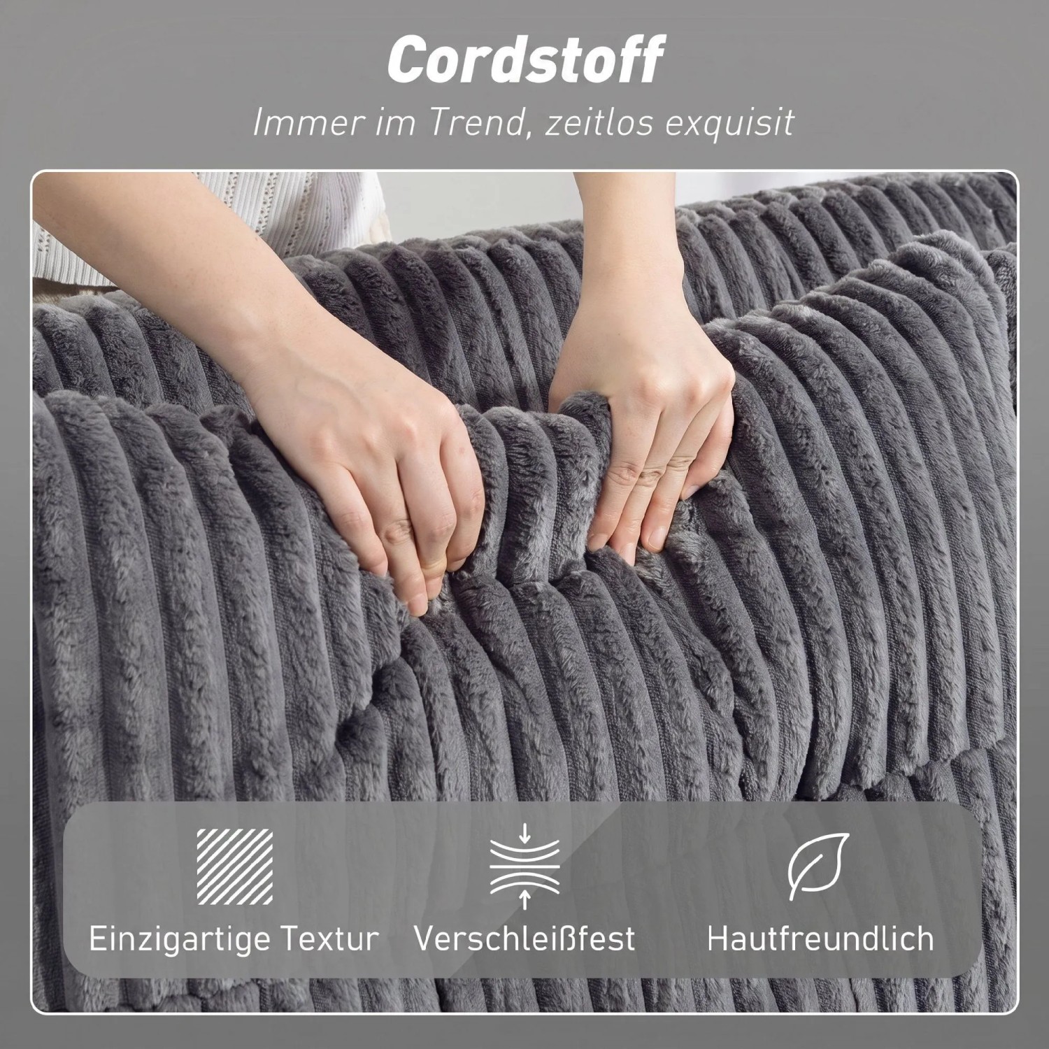 Hände fühlen den weichen, dunkelgrauen Cordstoff des HOMCOM Schlafsofas. Einzigartige Textur, verschleißfest und hautfreundlich.