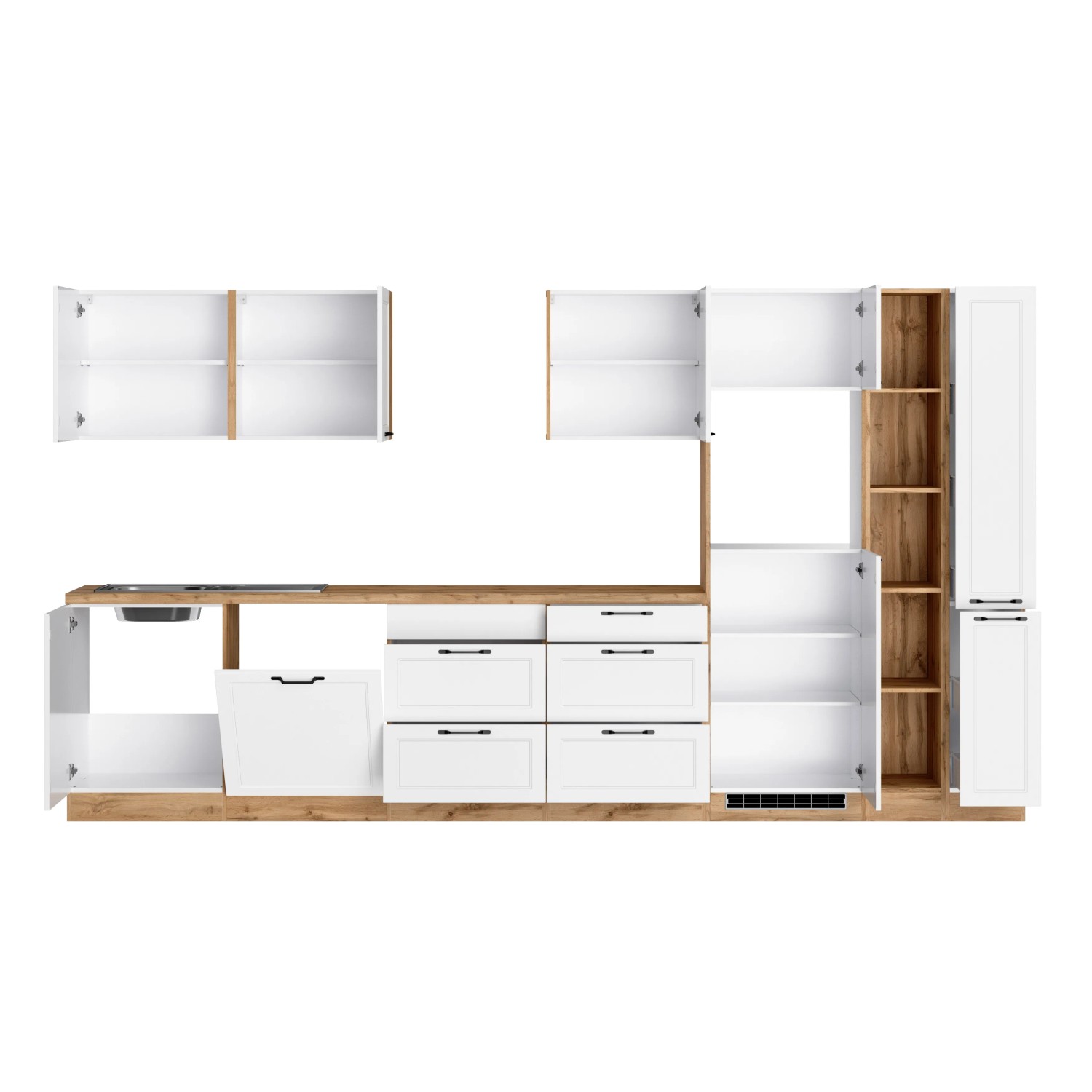 Küchenzeile Kempten 360 cm in Weiß/Wotan Optik ohne E-Geräte. Moderne Einbauküche mit viel Stauraum.
