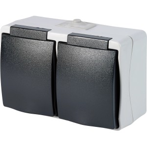 Graue 2-fach Feuchtraum Steckdose IP44 für Aufputzmontage mit Klappdeckel.