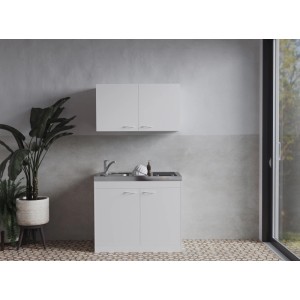 Respekta Miniküche Levin 100 cm mit Glaskeramikkochfeld und Oberschrank in Weiß.