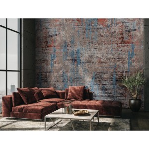 Marburg Fototapete Steinoptik in Grau-Gelb an Wohnzimmerwand hinter braunem Sofa.