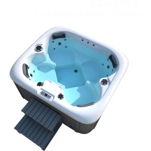 Home Deluxe Outdoor Whirlpool Sea Star Plus, dunkelgrau-weiß, mit Treppe und Abdeckung.