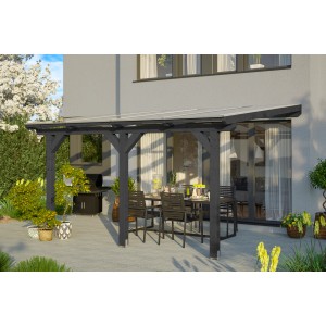 Skan Holz Terrassenüberdachung Bormio, 434x250 cm, Leimholz Anthrazit mit Polycarbonat-Dach.