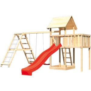 Karibu Spielturm Lotti mit Doppelschaukel, Klettergerüst, Rutsche in Rot aus naturbelassenem Holz.