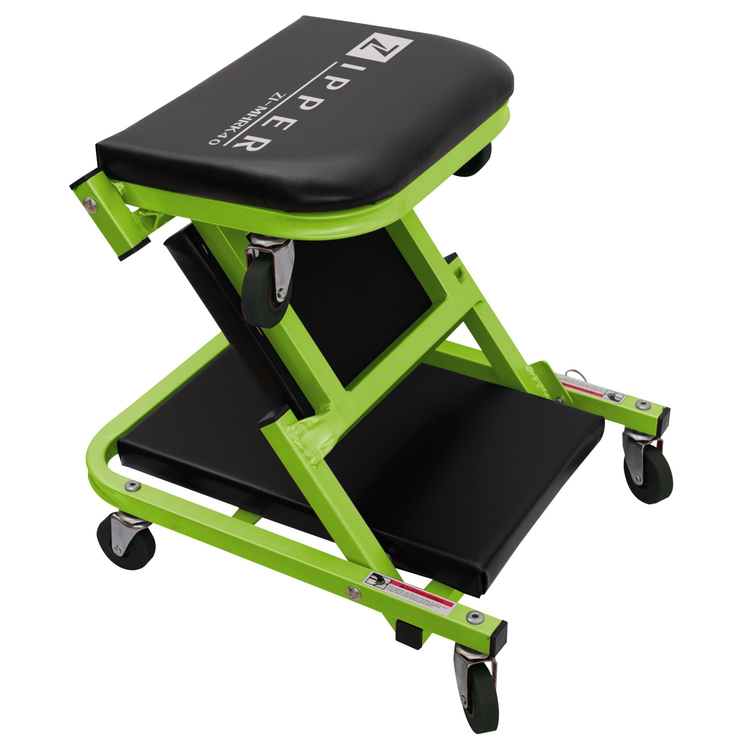 Zipper Montagehocker-Rollbrett-Kombi ZI-MHRK40, grün, mit Rollen und gepolsterter Sitzfläche.