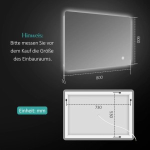 Rechteckiger Emke Badspiegel 80x60 cm mit Kaltweiß LED-Beleuchtung und Touchschalter. Technische Zeichnung mit Maßen für die Installation.