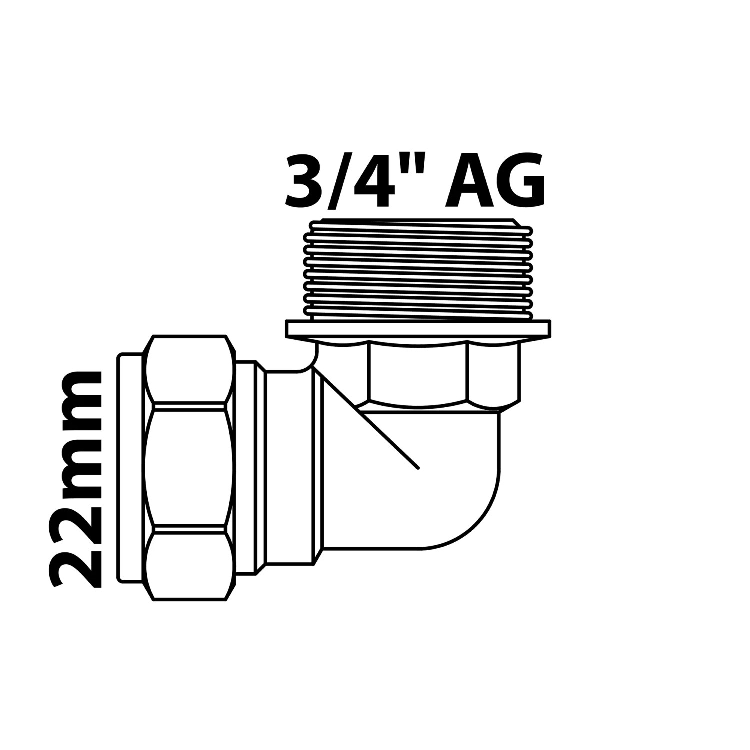 Abbildung eines blanken Kirchhoff Winkel 90° Klemmfitting für 22 mm CU-Rohr mit 3/4 AG.