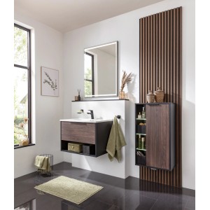 Fackelmann Badmöbel-Set: Midischrank B.Paris, schwarz matt/Rigoletto Eiche, mit Stauraum und LED-Beleuchtung.