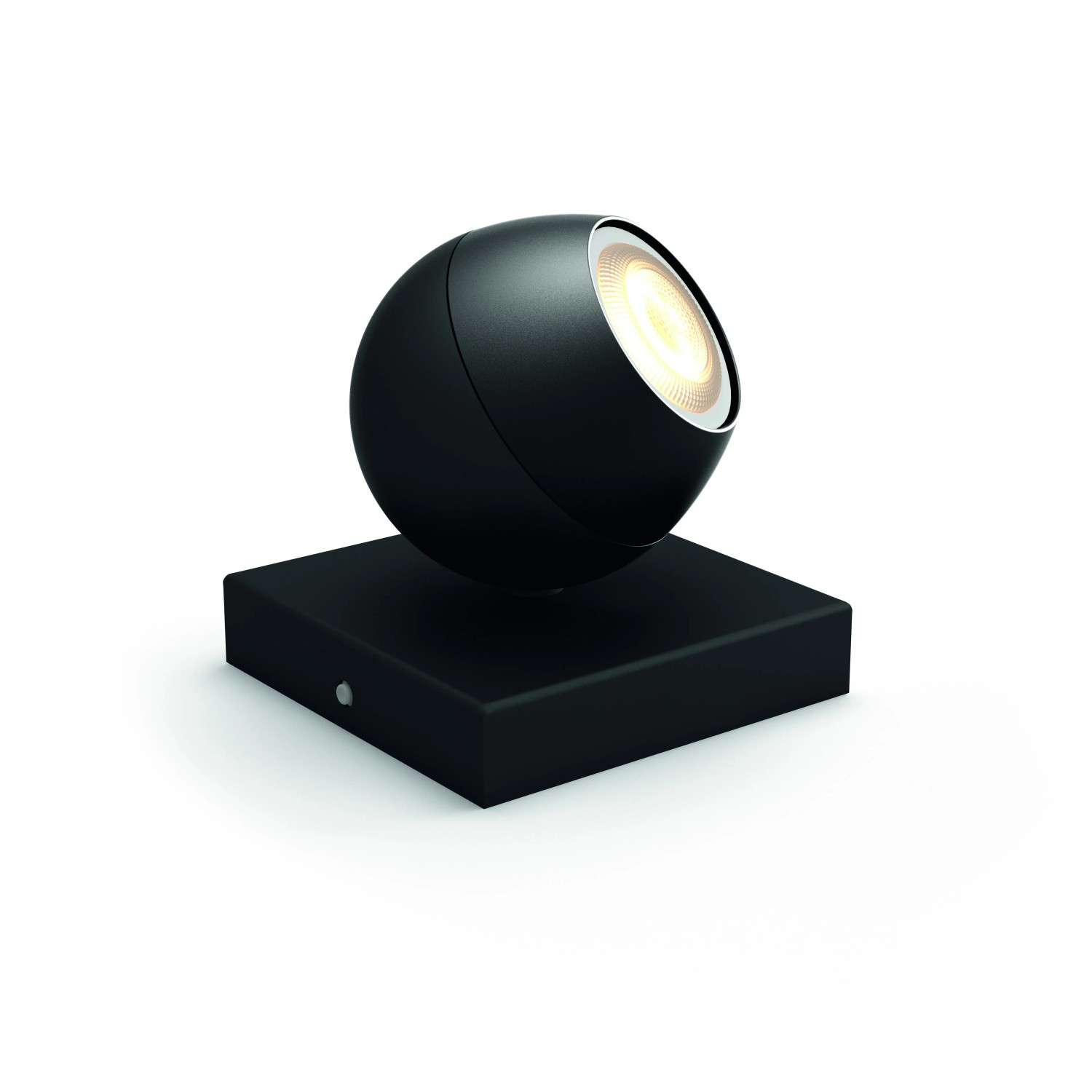 Schwarzer Philips Hue White Ambiance LED Spot Buckram mit warmweißem Licht.