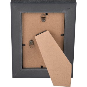 Rückseite des schwarzen Bilderrahmens Minimalist Zen (10x15 cm) mit Aufhänger und Aufsteller.