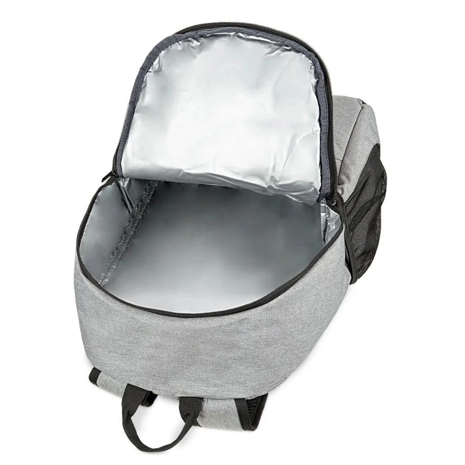 Offener, grauer Bomoe IceBreezer Kühlrucksack (25L) mit Thermofutter. Ideal für den Transport gekühlter Speisen.