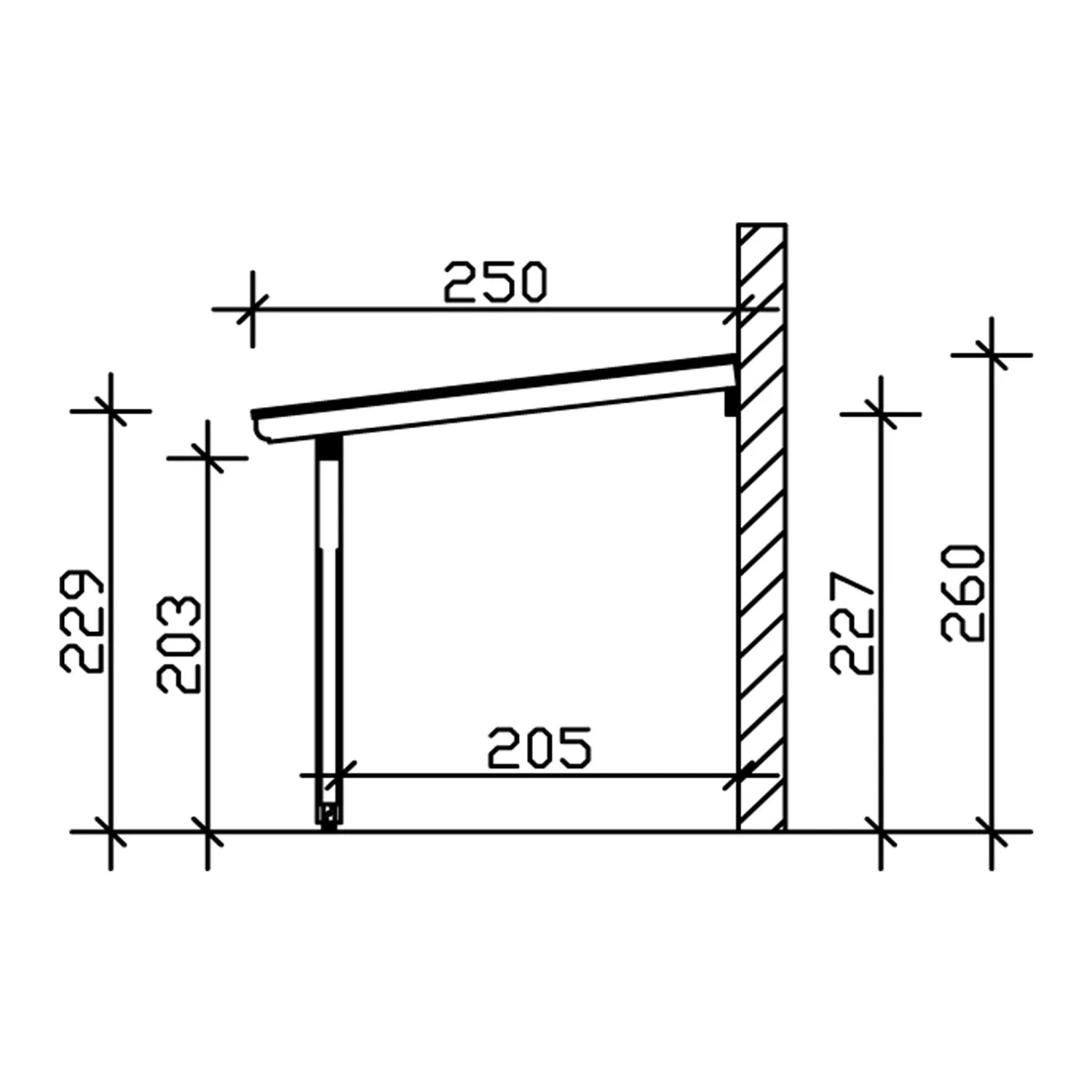 Technische Zeichnung der Skan Holz Terrassenüberdachung Rimini, Maße in cm.