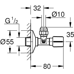 Technische Zeichnung: Grohe Eckventil Chrom 1/2 x 3/8 mit Metallgriff, Maße und Details.
