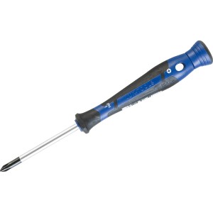 LUX Präzisions-Schraubendreher Comfort PH1 mit blau-schwarzem Griff und Aufhängeloch.