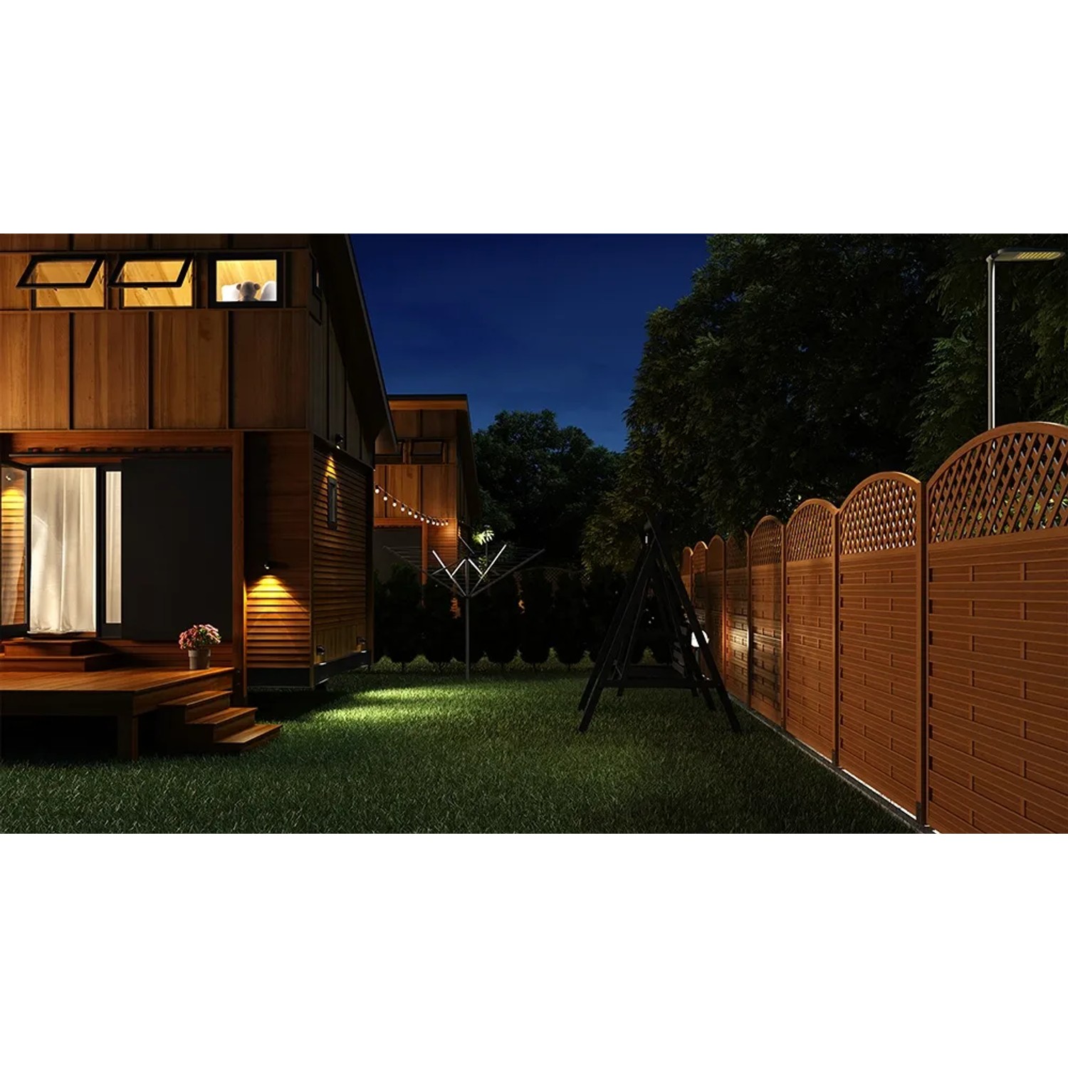 Sichtschutzzaun Element Bordeaux pinienfarben, 180x120/90 cm, im Garten bei Nacht.