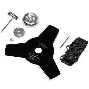 Zubehör für Texas BCX2020 Akku-Freischneider: 3-Zahn-Klinge, Werkzeug, Schultergurt.