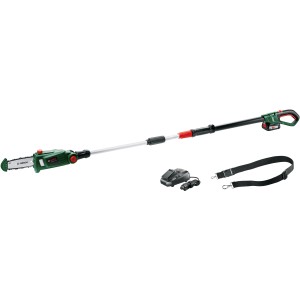 Bosch Akku-Hochentaster UniversalChainPole 18 mit Akku, Ladegerät und Schultergurt.