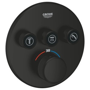 Runder Grohe SmartControl Thermostat in Schwarz Matt mit drei Drucktasten und Drehregler für Temperatur.