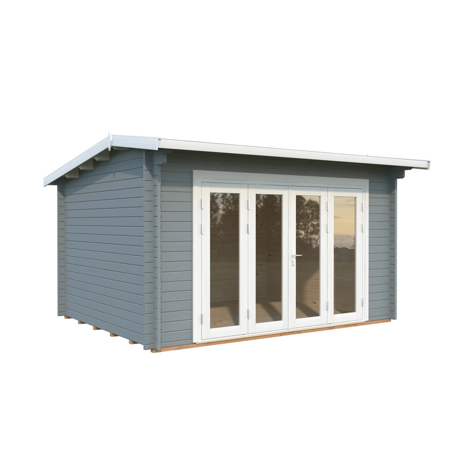 Palmako Gartenhaus Ines mit Falttür, 390x300 cm, grau-weiß lackiert, aus Holz.