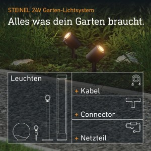 Steinel 24V Garten-Lichtsystem: Leuchten, Kabel, Verbinder, Netzteil. Das schwarze 1m Verlängerungskabel ist Teil dieser Außenbeleuchtung.