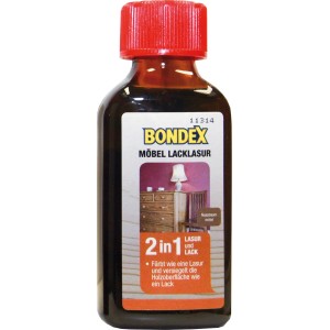 Flasche Bondex Möbel Lack-Lasur Nussbaum Mittel, 150ml, für seidenglänzende Holzoberflächen.
