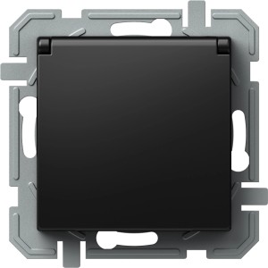 Schwarze Tem Schutzkontakt-Steckdose Logiq Flat mit Klappdeckel, Frontalansicht.