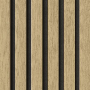 Akustikpaneel Muster Eiche/Schwarz: Folierte Holzleisten auf schwarzem Filz für Wand & Decke.