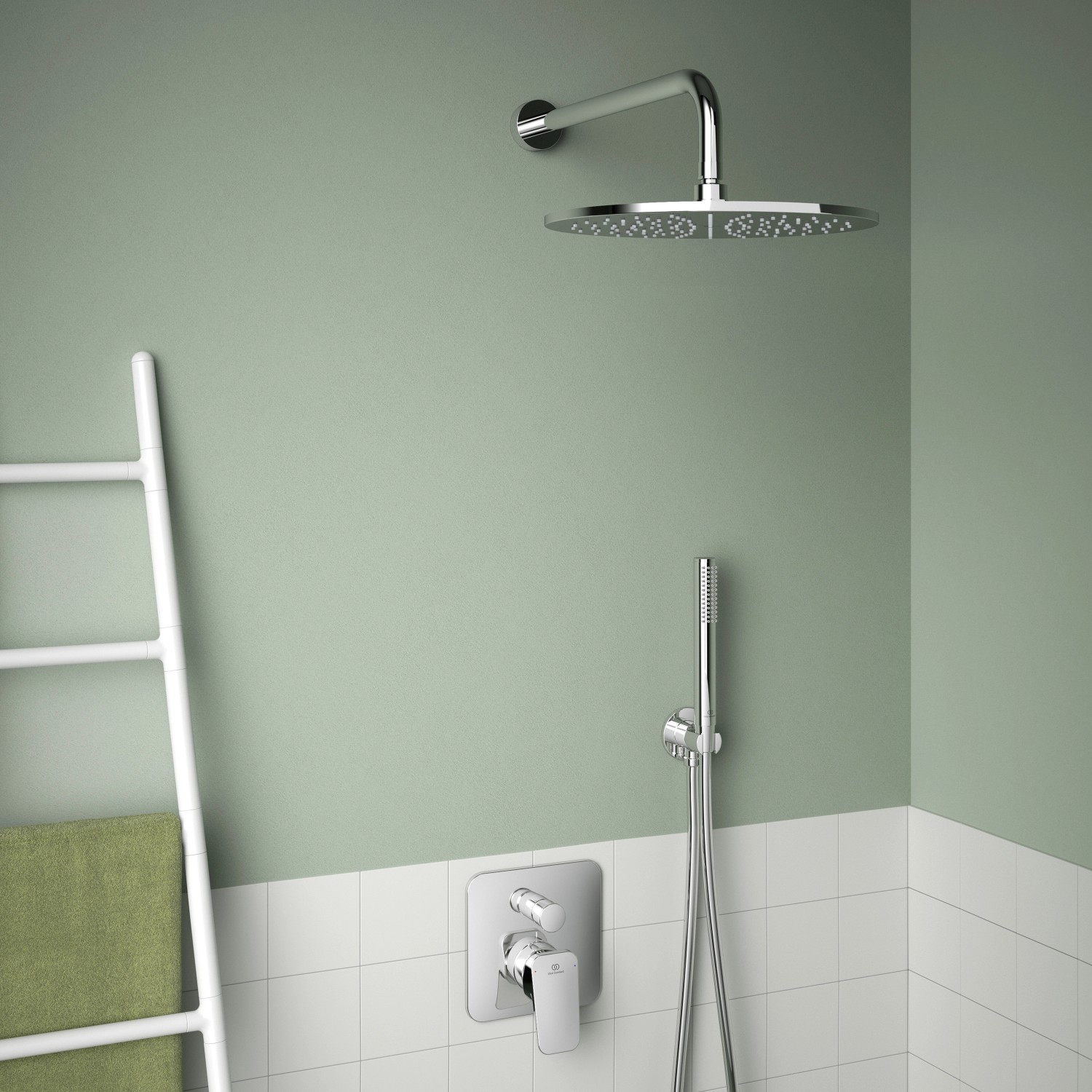 Ideal Standard Brausehalter Idealrain Atelier, rund, Chrom, mit Handbrause und Kopfbrause.