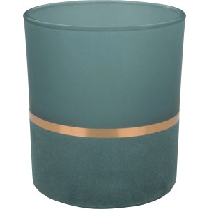 Türkiser Teelichthalter Dark Wonder aus Glas mit goldener Bordüre, 10 cm hoch.