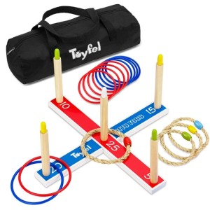 Toyfel Mitty Toss Wurfspiel Set mit Holz-Kreuz, farbigen Kunststoff- und Sisal-Ringen und Tragetasche.