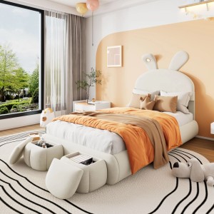 okwish Polsterbett 90x200cm mit Lichtstreifen Hocker Kinderzimmer Beige ohne Matratze