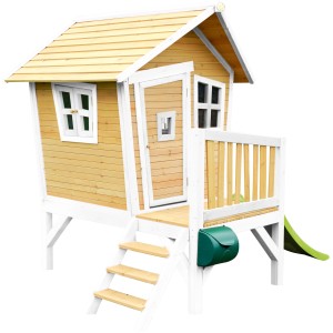 Axi Robin Spielhaus aus Holz, braun-weiß mit lindgrüner Rutsche, Leiter und Veranda.