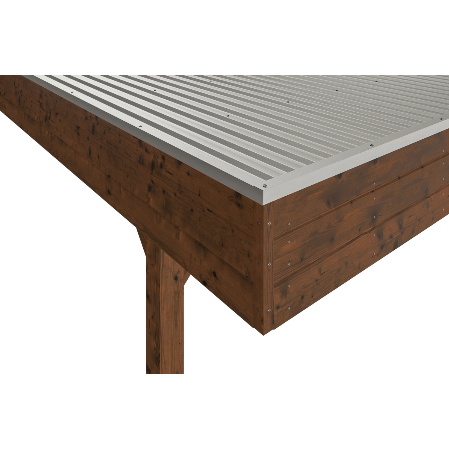 Detailansicht des Skan Holz Carport Friesland Hybrid in Nussbaum mit Aluminiumdach.