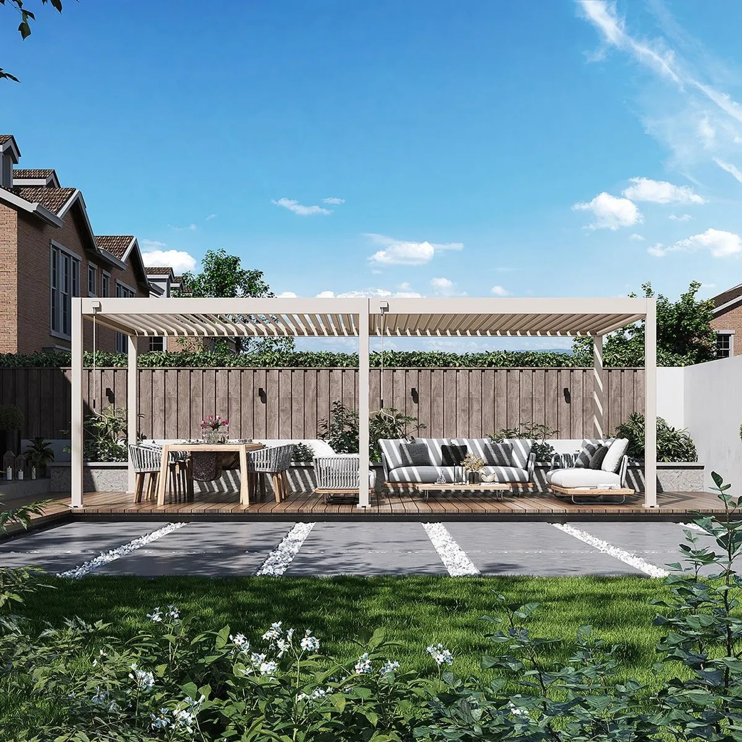 Große Weide Deluxe Voll-Alu Pergola 3,6x7,2m in Ivory Sand mit verstellbarem Lamellendach über Terrasse mit Gartenmöbeln.