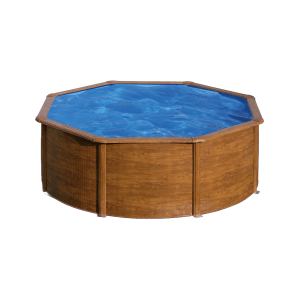 BWT Rundpool-Set Feeling Ø 3,5m in Holzoptik mit blauem Wasser.