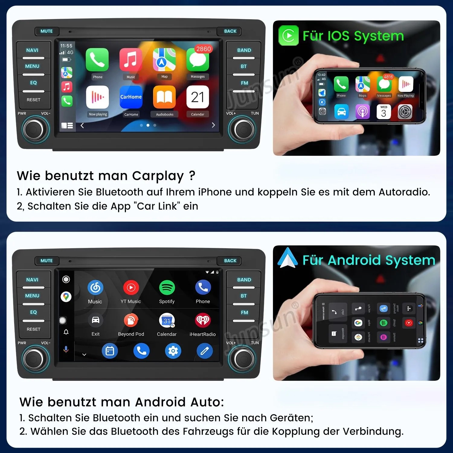 Junsun Autoradio für Skoda Octavia mit Touchscreen, zeigt CarPlay und Android Auto Interfaces, daneben Smartphones.