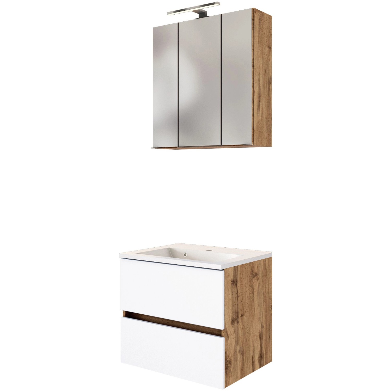 Held Möbel Waschtisch-Set Bari, 60 cm, matt Weiß/Wotaneiche, mit Spiegelschrank und Mineralgussbecken.