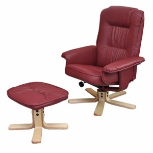 Bordeauxfarbener Relaxsessel mit Hocker, Kunstlederbezug und Holzfuß