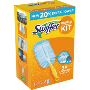Swiffer Staubmagnet Set mit 7 Tüchern. Reinigungsgerät im gelben Karton mit Anwendungsbeispielen.