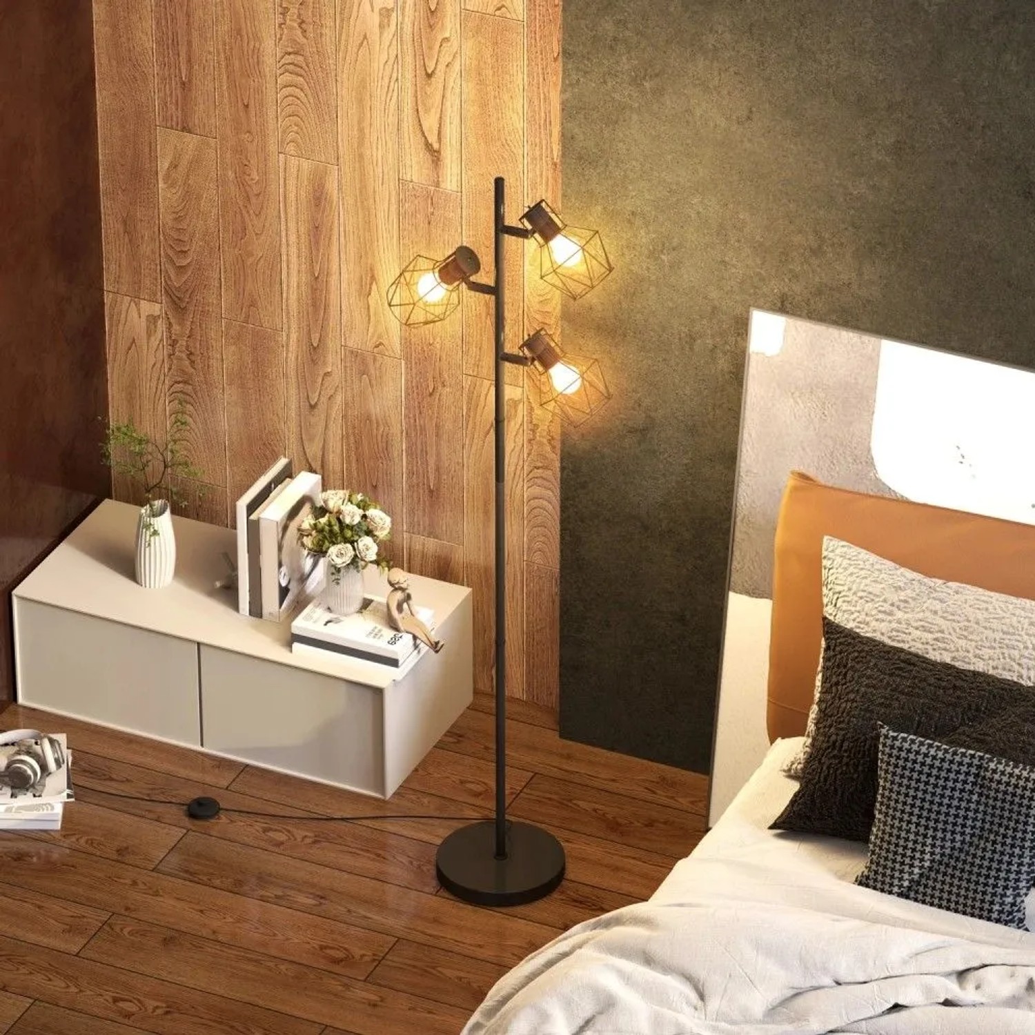 Moderne HOMCOM Stehlampe aus schwarzem Metall mit drei verstellbaren E27 Leuchten und geometrischen Schirmen im Schlafzimmer.