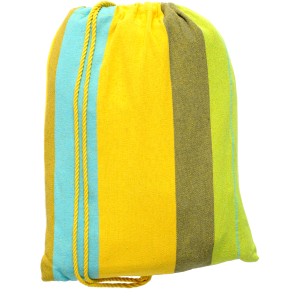 Verpackte Amazonas Hängematte Colombiana Limone mit bunten Streifen und gelber Kordel.