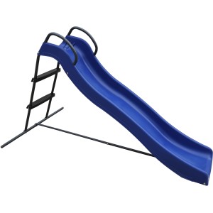 Freistehende blaue AXI Rutsche mit anthrazitfarbenem Stahlgestell und Wasseranschluss.