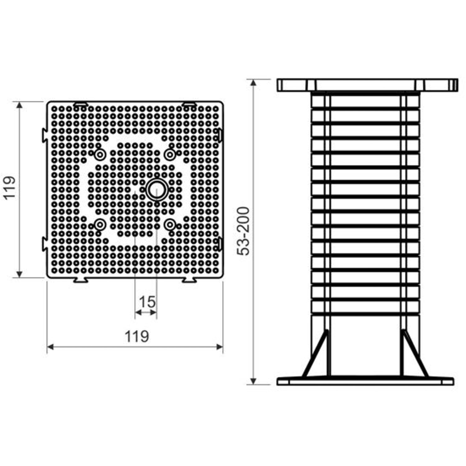 Technische Zeichnung: Montageplatte Wärmedämmung, 200 mm, zur Vermeidung von Wärmebrücken.