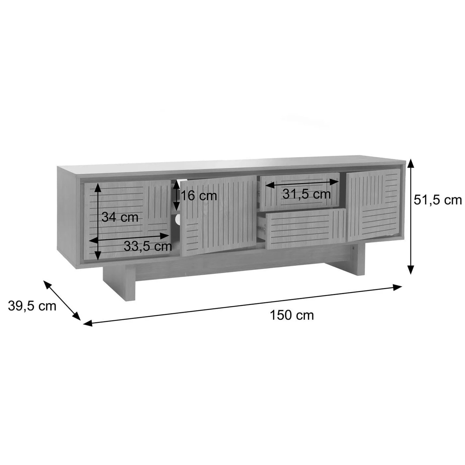 MCW TV-Rack O34, braun, Melamin, mit Schubladen und Fächern. Technische Zeichnung mit Maßen 150x51,5x39,5cm.