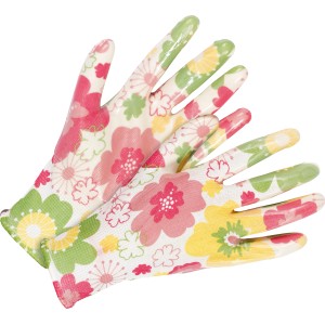 2er Set Gartenhandschuhe mit Nitril-Teilbeschichtung, weiß-pink mit Blumenmuster, Größe 8.