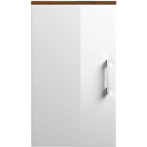 Posseik Bad-Hängeschrank Rima, 40 cm, Walnuss-Optik, mit weißer Tür und silbernem Griff.