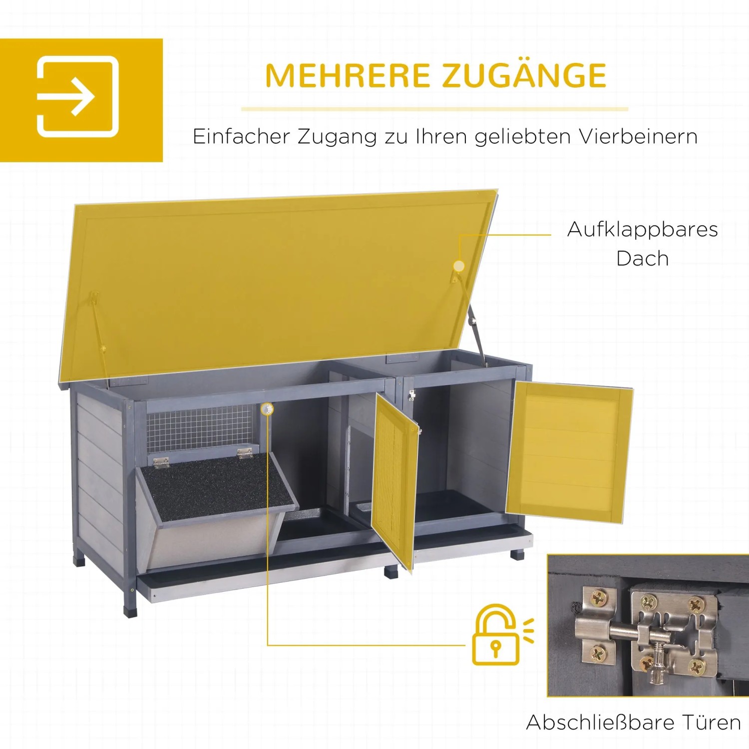 PawHut Hasenstall aus grauem Tannenholz mit offenem gelbem Dach, offener Tür und herausziehbarer Wanne.