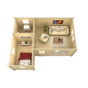 Grundriss Skan Holz Gartenhaus Ontario: Weekendhaus mit 3 Räumen, Wohnzimmer, Schlafzimmer und Bad.